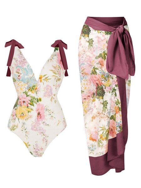 

Vacation Floral Printing One Piece With Cover Up, Pink, Coverups