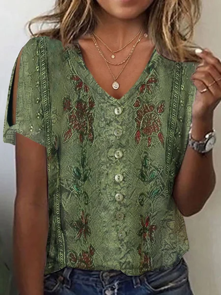 

Loose Casual V Neck Blouse, Green, Shirts & Blouses