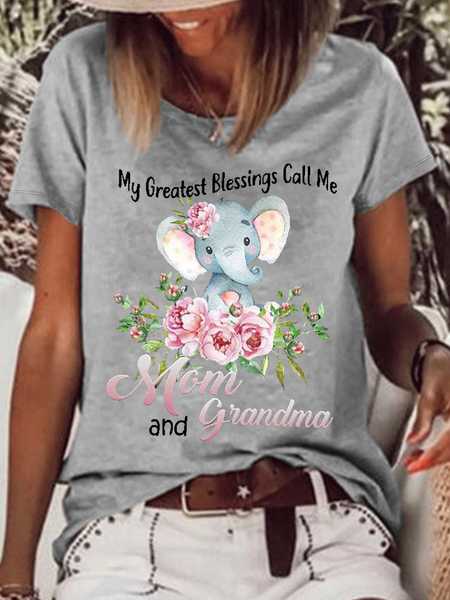 

Women's Funny Word My Greatest Blessings Call Me Mom And Grandma Elephant Crew Neck Casual T-Shirt, Gray, T-shirts