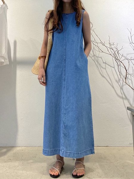 

Daily Casual Regular Fit Denim Plain Dress, Blue, Maxi Dresses