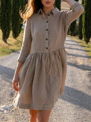 

Linen Plain Shawl Collar Loose Dress, Khaki, Mini Dresses