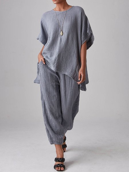 

Summer Outfits Casual Gray Linen Suits Comfy Short Sleeve Tunic Top and Pockets Pants Two-Piece Sets, Suits