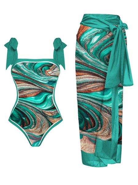 

Vacation Abstract Printing Scoop Neck One Piece With Cover Up, Green, swimwear>>Bikini Sets