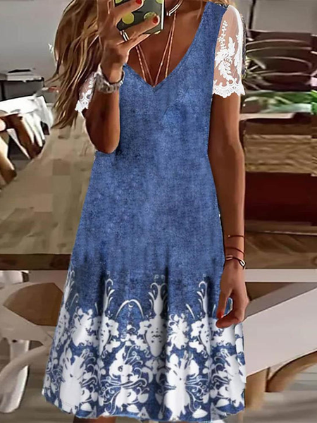 

V Neck Floral Casual Loose Lace Dress, Blue, Dresses