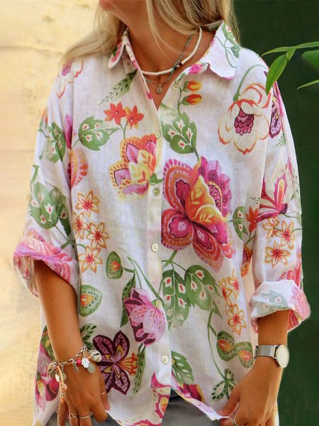 

Loose Vacation Floral Polyester Cotton Shirt, White, Shirts & Blouses