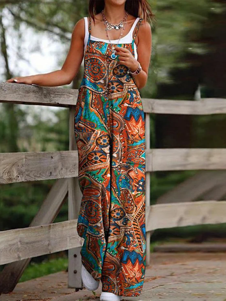 

Loose Vintage Geometric Jumpsuit, Brown, Jumpsuits＆Rompers
