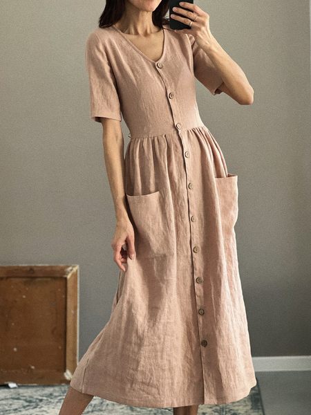 

Summer Plain Regular Fit V Neck Dress, Pink, Midi Dresses