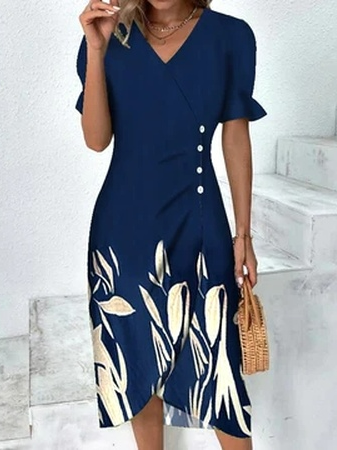 

Loose Vacation Leaf V Neck Dress, Blue, Dresses