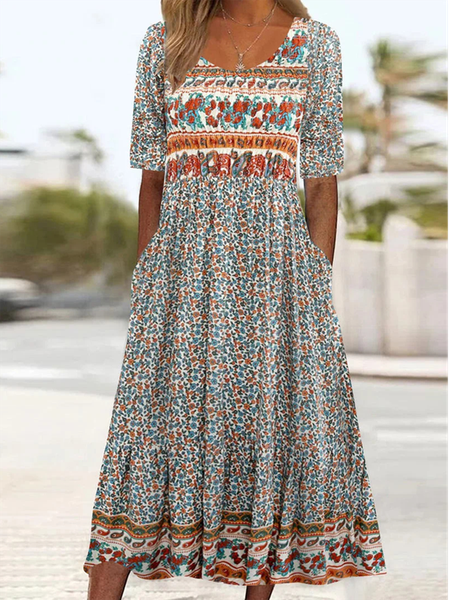 

Ethnic Crew Neck Loose Dress, Green, Dresses