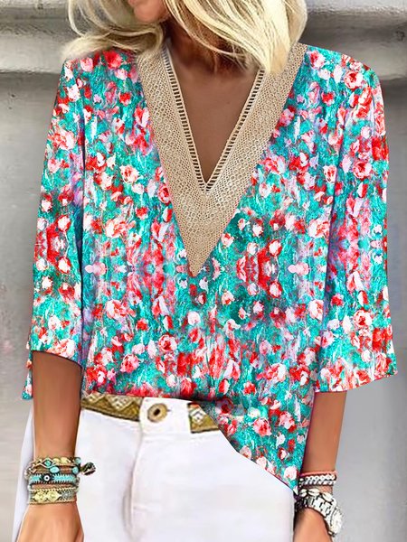 V Neck Casual Random Print Blouses, Red-blue, Blouses