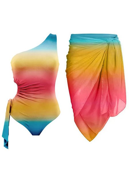 

One Shoulder Vacation Ombre Printing One Piece With Cover Up, Multicolor, Coverups