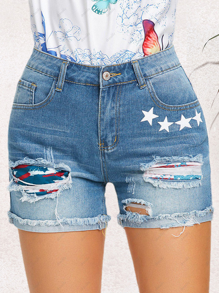 

Women's America Flag Whiskers Ripped Jeans Denim Shorts, Blue, Jeans