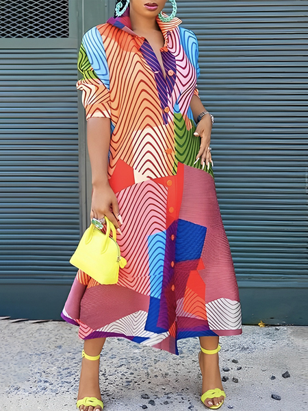 

Plus Size Vacation Shirt Collar Loose Chevron Dress, Multicolor, Plus Dresses