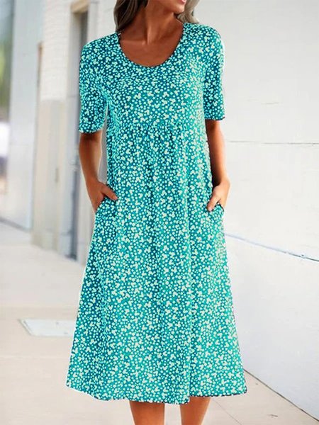 

Ditsy Floral Shift Short Sleeve Crew Neck Dresses, Light blue, Casual Dresses