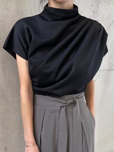 

Short sleeve Plain Half Turtleneck Elegant Shirt, Black, Blouses and Shirts
