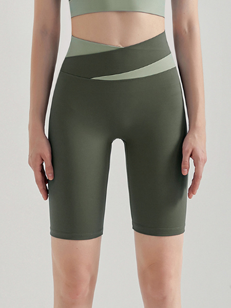 

Cross waist color matching fitness pants women's high elastic quick-drying breathable sports pants five-point pants bottoming yoga pants shorts, Green, Leggings