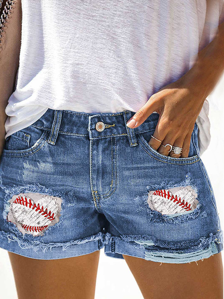 

Women's Baseball Whiskers Ripped Jeans Denim Shorts, Blue, Jeans