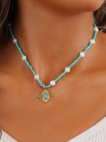 

Casual Turquoise Pearl Beaded Necklace Boho Vacation Jewelry, As picture, Necklaces