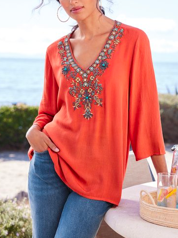 

V Neck Ethnic Cotton Vacation Shirt, Orange red, Shirts & Blouses
