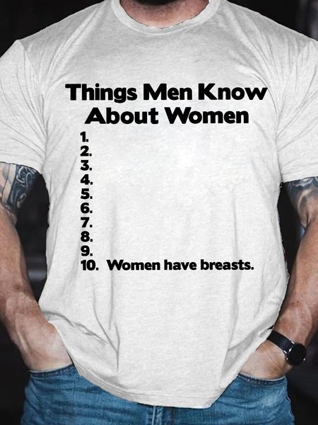 

Men's Things Men Know About Women Women Have Breasts Funny Graphic Printing Casual Cotton Text Letters Loose T-Shirt, White, T-shirts