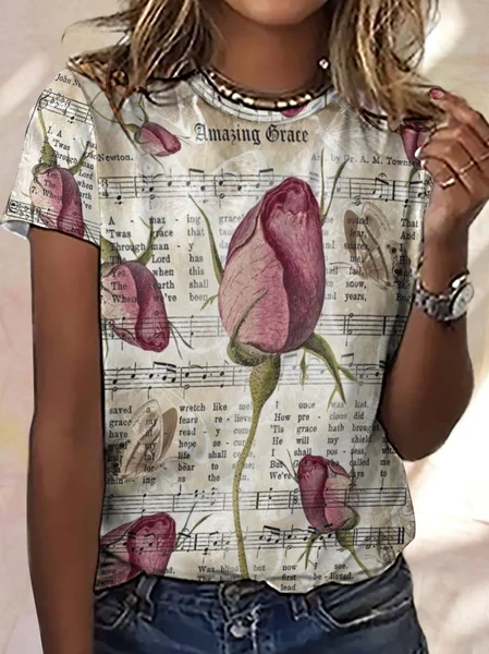 

Women's Simple Loose Crew Neck Color Block Floral T-Shirt, Khaki, T-shirts