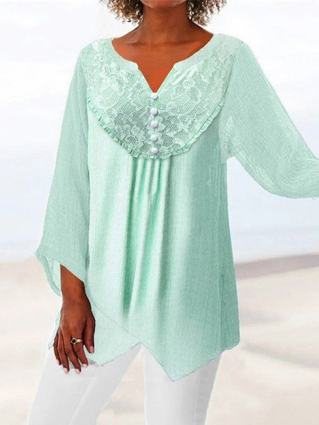 

Cotton And Linen Notched Casual Loose Shirt, Mint, Tunics