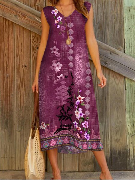 

Women's Vintage Flower Print Casual Dress, Wine red, Dresses