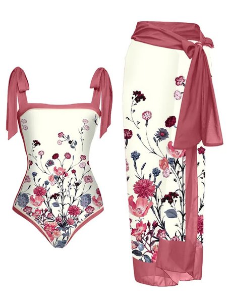 

Square Neck Vacation Printing Floral One Piece With Cover Up, Pink, Coverups