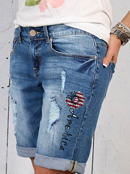 

Women's America Flag Whiskers Ripped Denim Shorts, Blue, Jeans