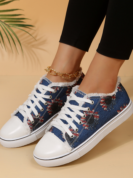 

Women's Comfortable Lightweight Soft Sole American Flag/Sunflower Canvas Shoes, Blue, Sneakers