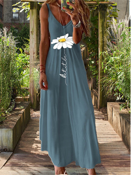 

Floral Loose Vacation V Neck Dress, Blue, Dresses