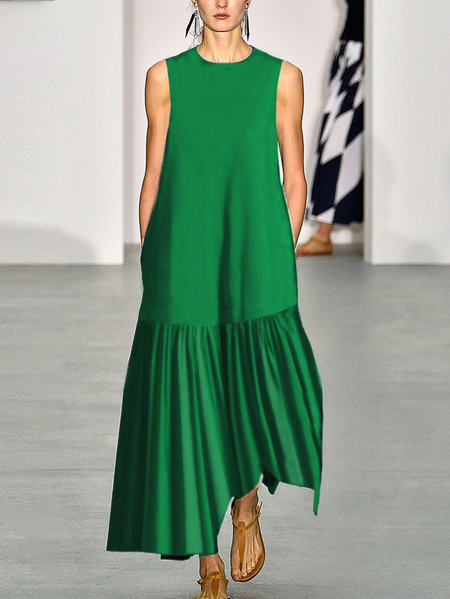 

Plus Size Plain Loose Vacation Crew Neck Sleeveless Dress, Green, Plus Dresses