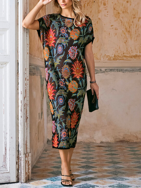 

Vacation Crew Neck Floral Loose Dress, Black, Dresses