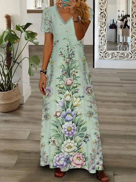 

Regular Fit Floral Vacation V Neck Dress, Green, Dresses