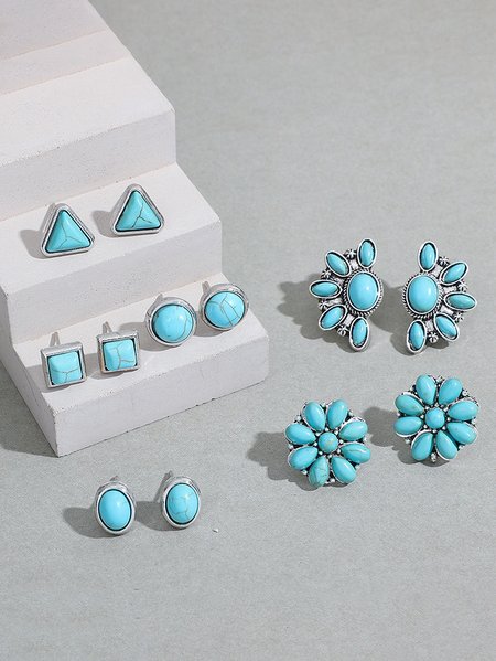 

6Pcs Ethnic Silver Metal Turquoise Stud Earrings Set Daily Jewelry, As picture, Necklaces