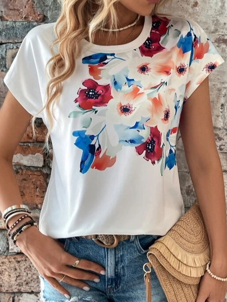 

Crew Neck Floral Casual T-Shirt, White, T-Shirts
