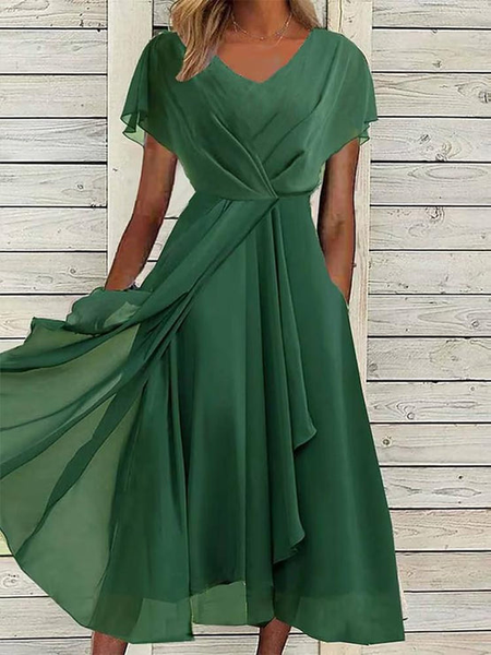 

V Neck Elegant Chiffon Plain Dress, Green, Formal Dresses