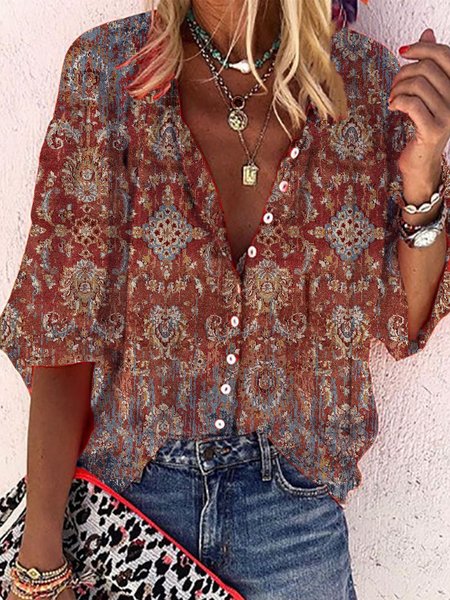 

Women's Summer Boho Ethnic Vacation Shirt, Brick red, Shirts & Blouses