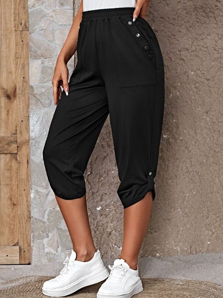 

women's double pocket casual trousers cropped pants, Black, Pants