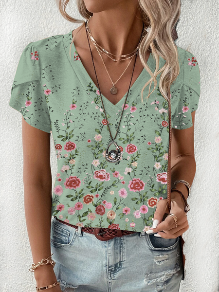 

Floral Jersey Vacation V Neck Shirt, Green, Shirts & Blouses