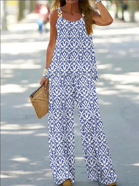 Ethnic Sleeveless Spaghetti Casual Grommets Two Piece Set
