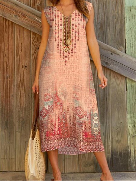 

Women's Vintage Print Crew Neck Casual Dress, Pink, Dresses