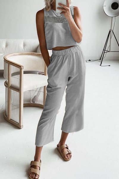 

Casual Crew Neck Lace Edge Cotton And Linen Two-Piece Set, Light gray, Suits