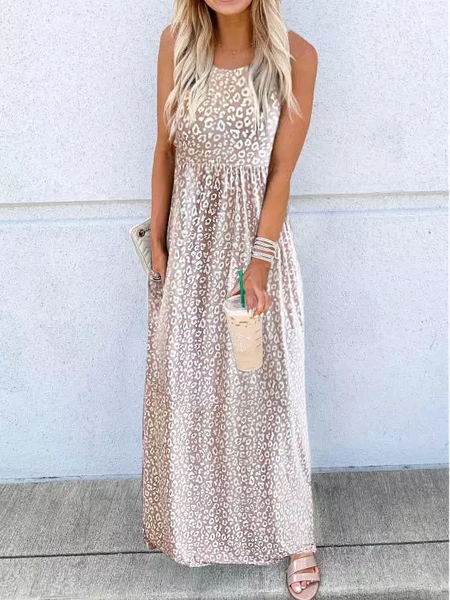 

Loose Casual Crew Neck Leopard Summer Dress, Gray, Maxi Dresses