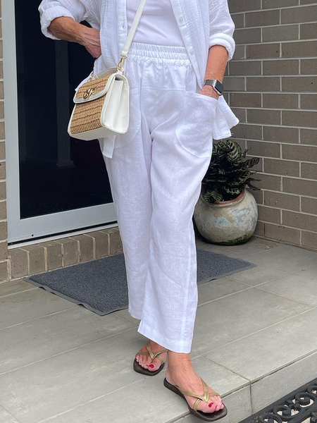 

Plain Linen Cotton Loose Pants, White, Pants