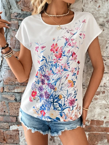 

Floral Casual Crew Neck T-Shirt, White, T-Shirts
