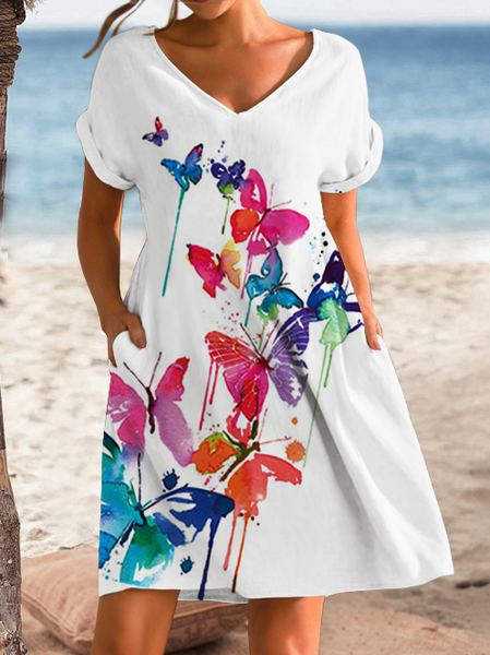 Women's Raglan Sleeves Butterfly Loose Casual Cotton-Blend Dress, White, Dresses