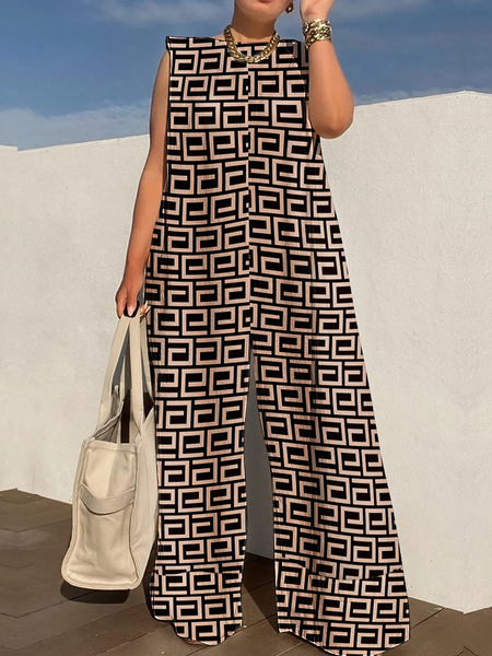 

Lightweight Urban Loose Crew Neck Sleeveless Jumpsuit, Brown, Jumpsuits