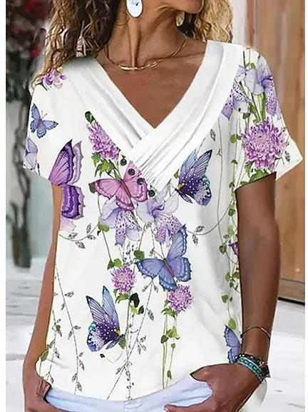 

Loose V Neck Casual Floral Shirt, White, Shirts & Blouses