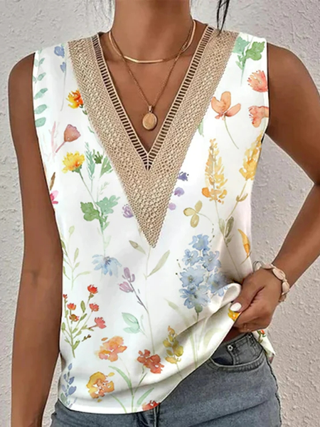 

V Neck Casual Loose Floral Tank Top, White, Tanks & Camis